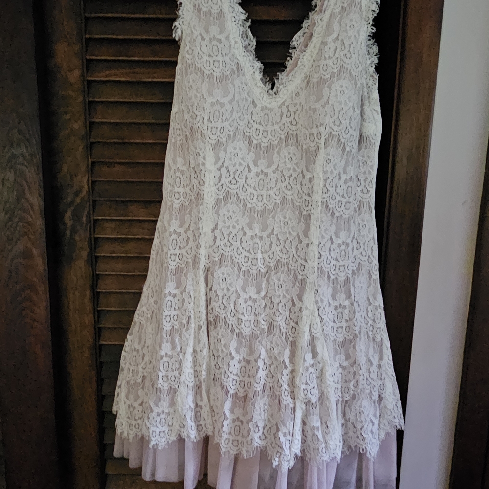 Lace Dress With Blush Pink Crinoline Under Skirt.
